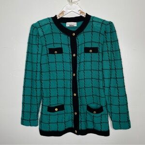 VINTAGE 1980s GREEN & BLACK BUTTON DOWN PINSTRIPE CARDIGAN SZ M